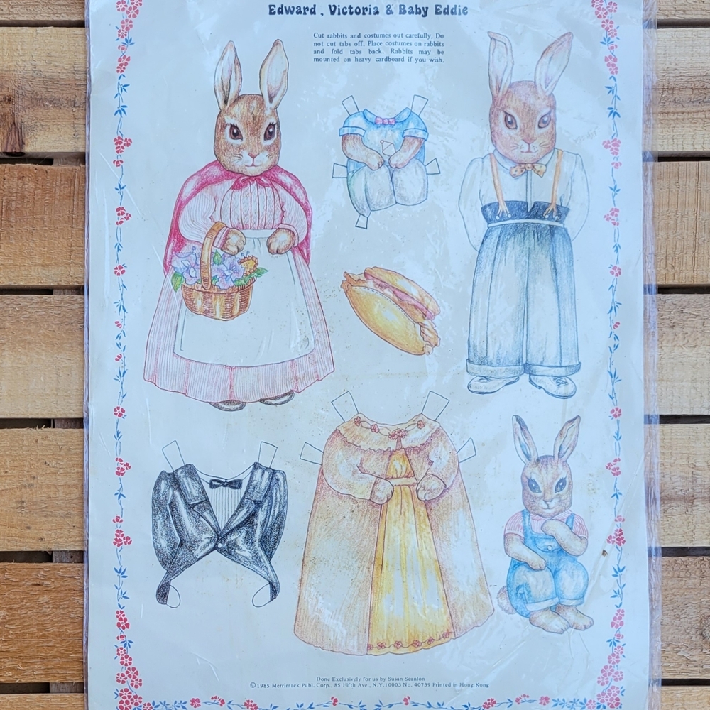 Vintage 1985 Victorian Rabbit Family Cut Out Poster